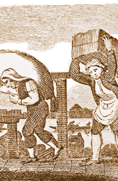 Drawing of a fellowship porter and a ticket porter carrying off goods from Ships moored on the Thames, featured in 'City Scenes or A Peep into London'; ©1828, William Danton, London